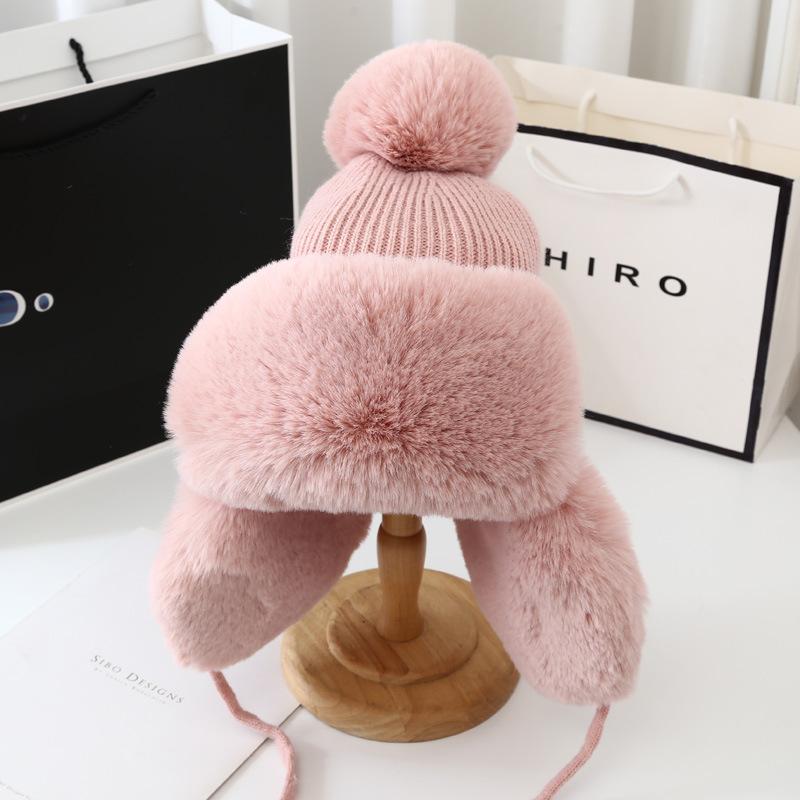 Women's Winter Hat Thicken Skiing Plush Weave Warm Solid High Quality Cute Earflap Hats EMA