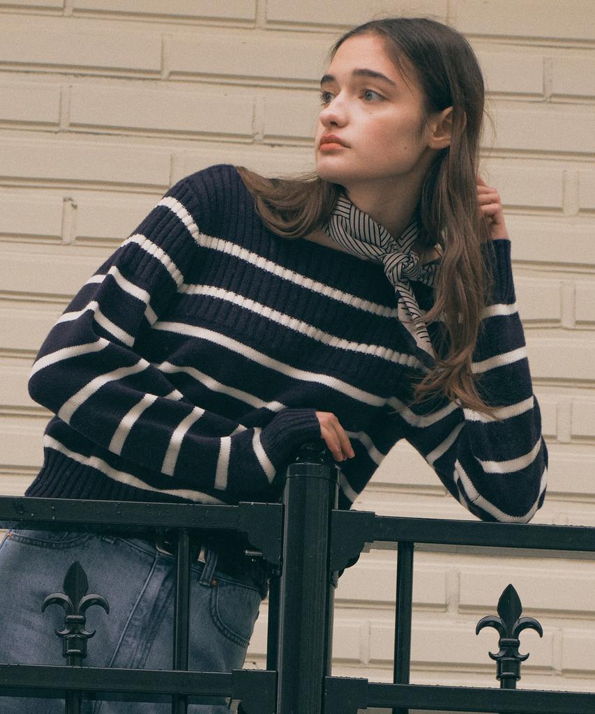 ROLAROLA Stripe Boat Neck Knit Nv+Iv