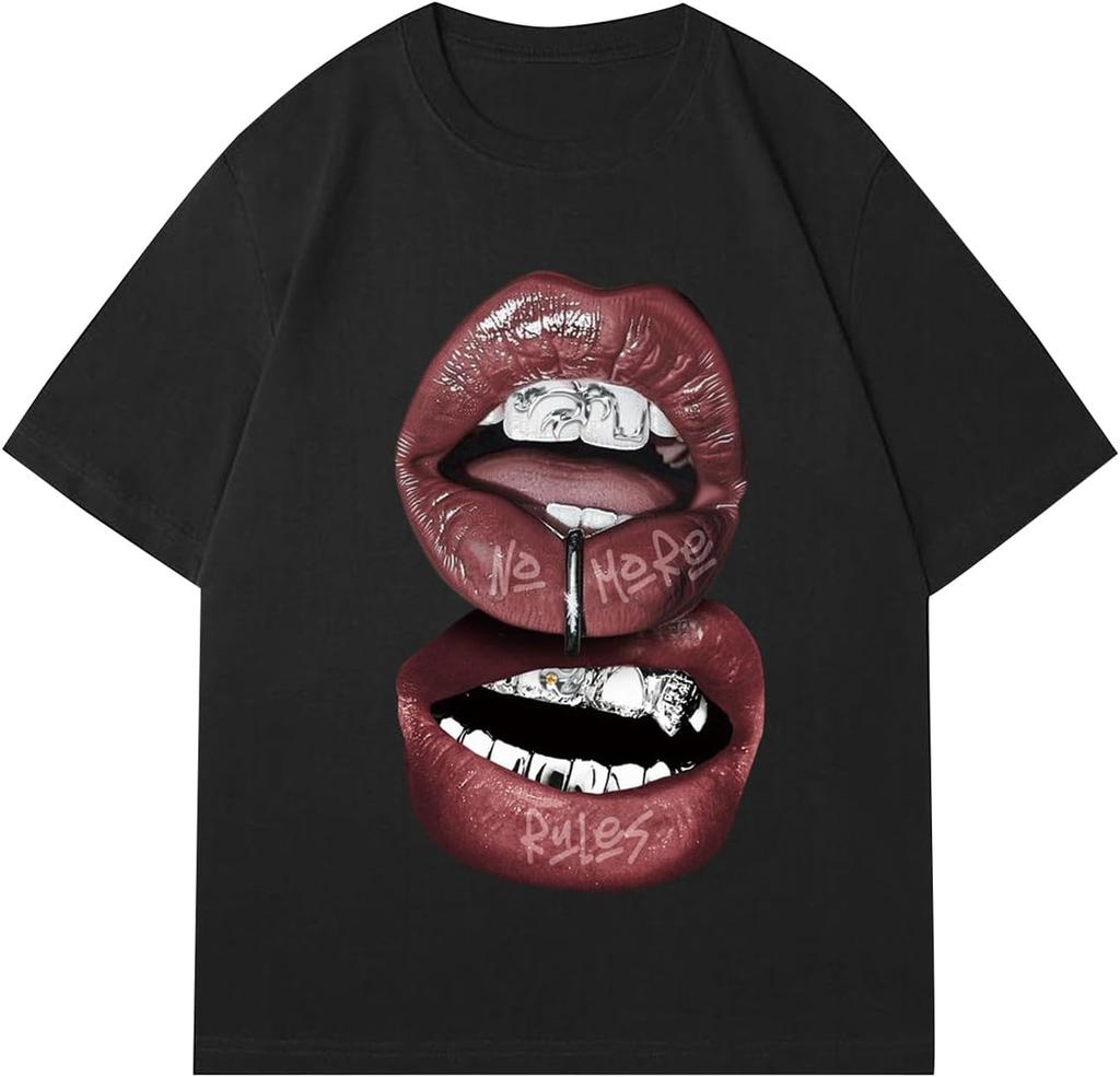 Chic Lips Golden Teeth Vintage T-shirt Rock Goth Casual Tee Clothing Men Oversized Cotton T Shirt Harajuku Y2k Tops Streetwear
