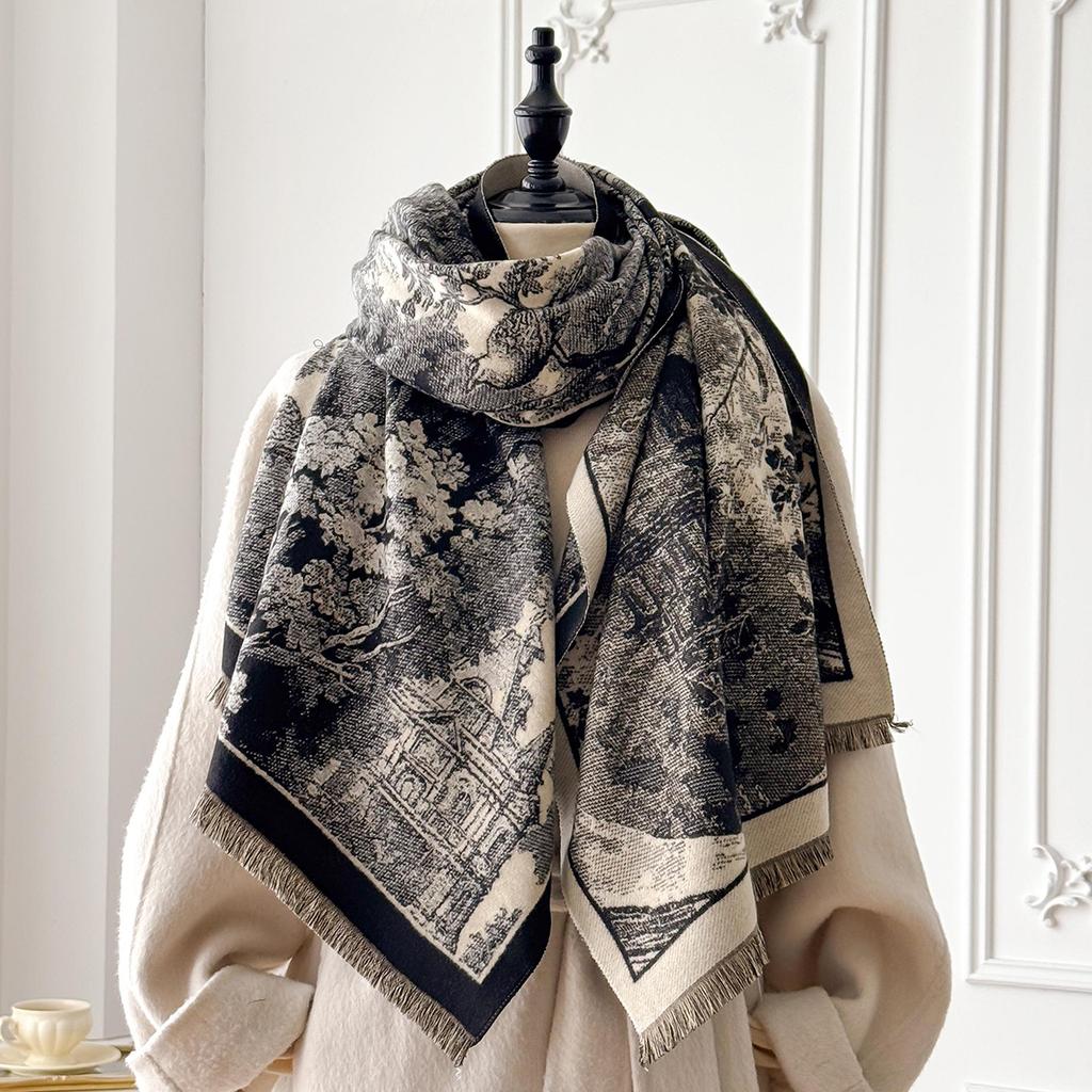 Elegant Retro Style Women's Double-Sided Landscape Print Cashmere Scarf Winter Warm Pashmina Shawl Foulard Poncho