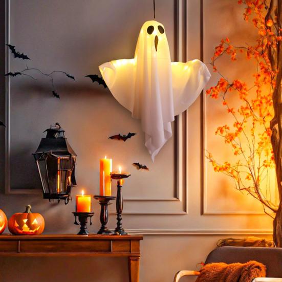 3 Stück Halloween Hängegeister 19,6" LED Leuchtend Outdoor Fliegender Weißer Geist für Vorgarten Terrasse Rasen Garten Party Deko