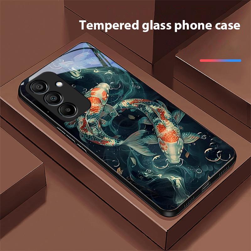 Chinesischer Windfisch Für Samsung Galaxy A15 5G 54 4G 51 50 24 35 90 71 12 51 53 52S 80 22 34 Schwarze Handyhülle aus gehärtetem Glas