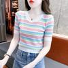 Sommar Dam Casual Regnbågsrandig Stickad T-shirt Vardagstop
