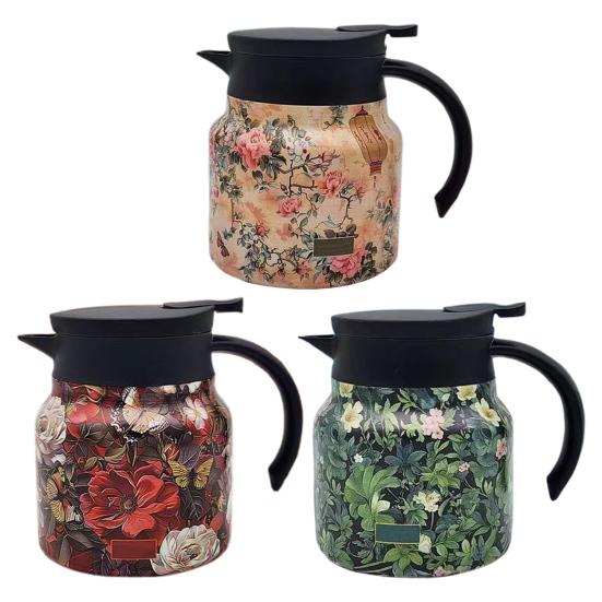 Thermal Coffee Carafe Insulated Tea Pot with Built-in Filter V-Shaped Spout Retro Floral Pattern Water Tea Pot Beverage Pitcher