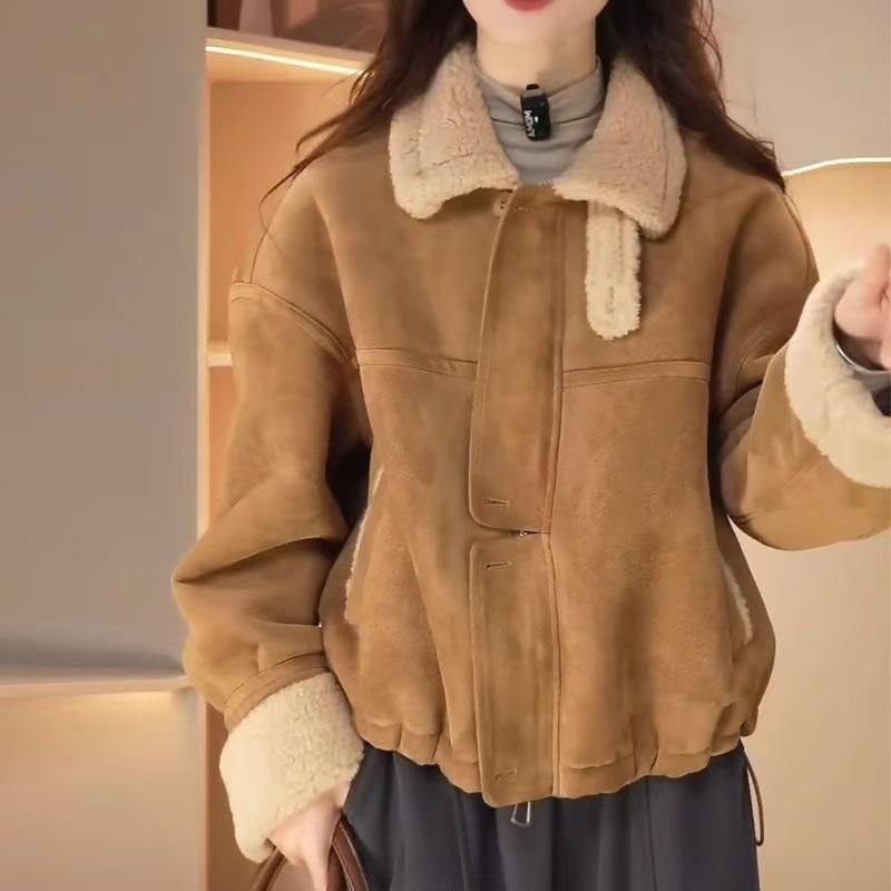 Women's Khaki Suede Velvet & Fleece Fur Jacket - Stylish Winter 2026 Short Cotton Coat
