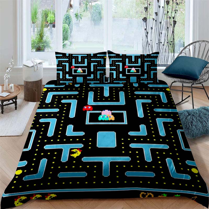 Das Pac-Man Kinder-Lernspiel-Bettwäscheset—das einen Bettbezug und zwei Kissenbezüge enthält—ist das perfekte Feiertags