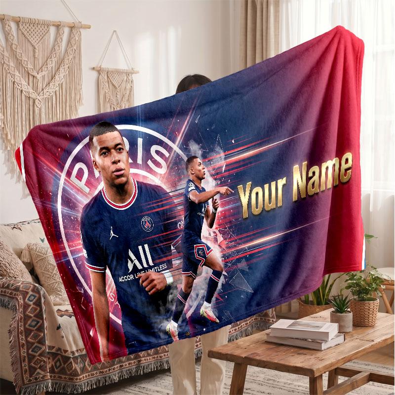 Kylian Mbappe Personalisierte Fleecedecke Mit Fußballlogo, Individueller Name Text Weich Warm Wohnzimmer Überwurfdecke