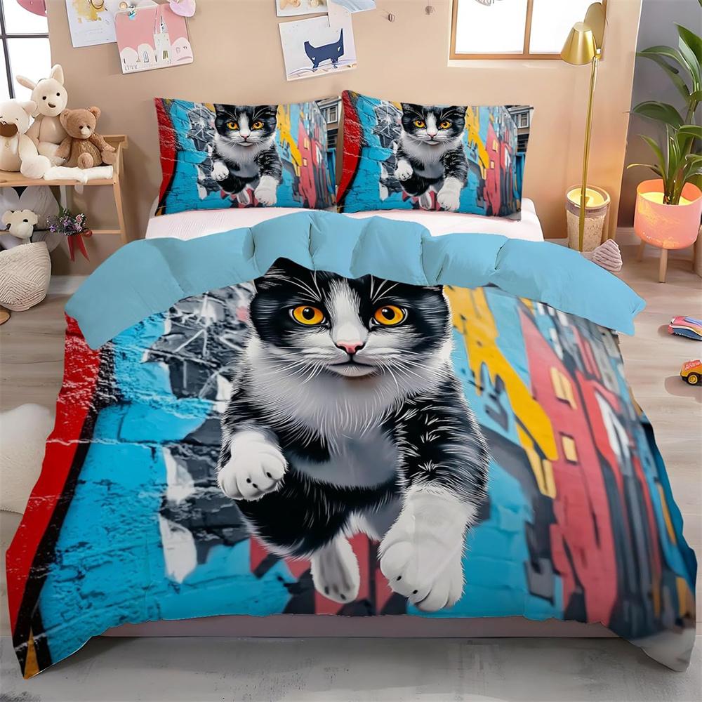 Colorful Graffiti Cat Duvet Cover 2 Pieces,Soft Bedding Set, Abstract Art Duvet Cover Set With Zipper Closure And Pillowcases