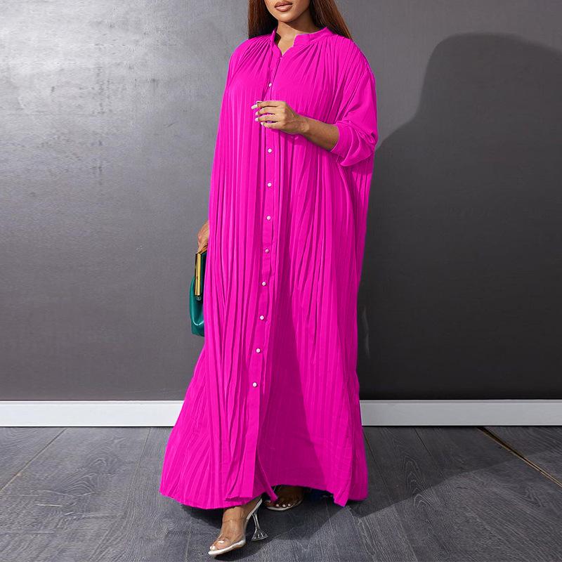Women Eid Muslim Dresses Stand Collar Single Breasted Dubai Arab Vestidos Ramadan Casual Loose Kaftan Dress Solid Pleated