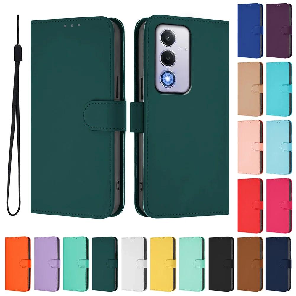 Solid Color Wallet Case for Realme 13 Pro Plus 12 GT 6 6T C67 C65 C63 C61 C55 C53 C51 Note 60 50 Card Holder Strap Phone Cover