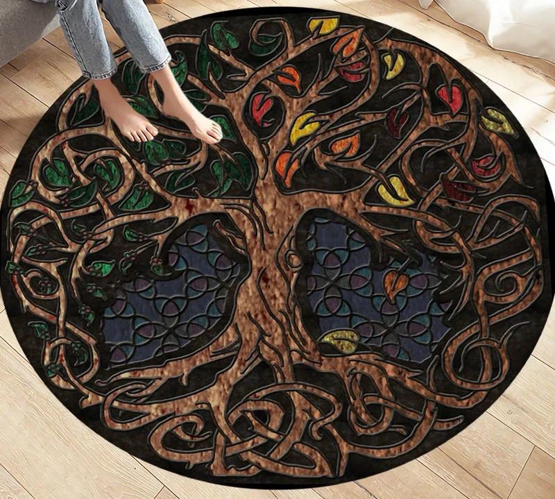 Viking Valknut Yggdrasil Levensboom Vloerkleed Ronde Tapijten Tapijten voor Woonkamer Slaapkamer Voetmat Decoratie Antislip Vloermat