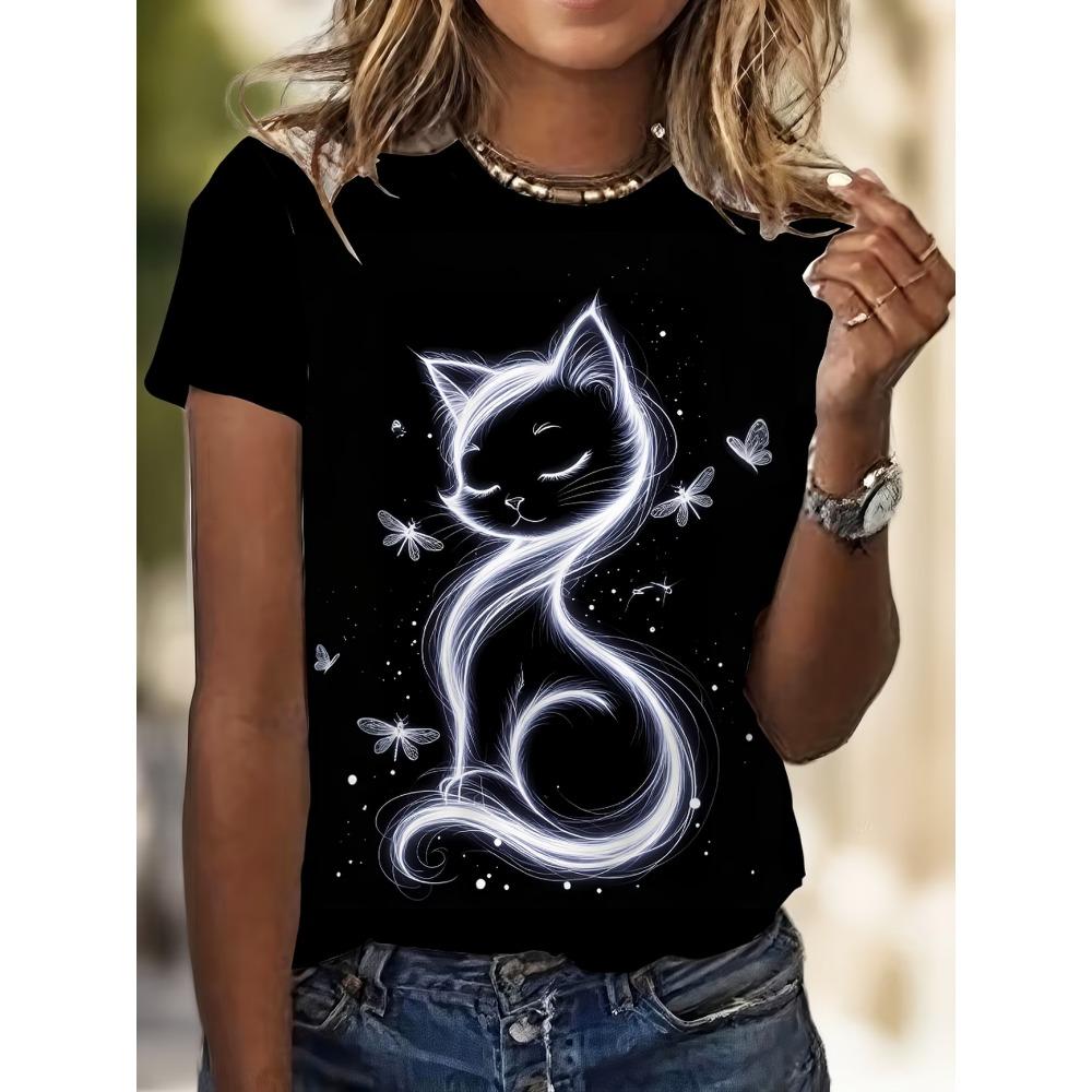Rundhals Kurzarm Neon Stil Katze Blumenmuster T-Shirt Damen Outfits Lässige Streetwear Damen Lockere Kleidung Süße Oberteile