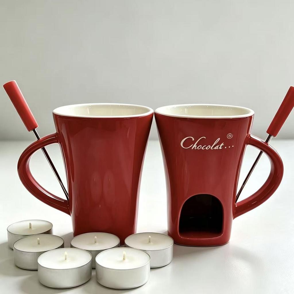 Mug with Fork: Ceramic Hot Pot with Chocolate, Melted Cheese, Candy, and Butter Compartments