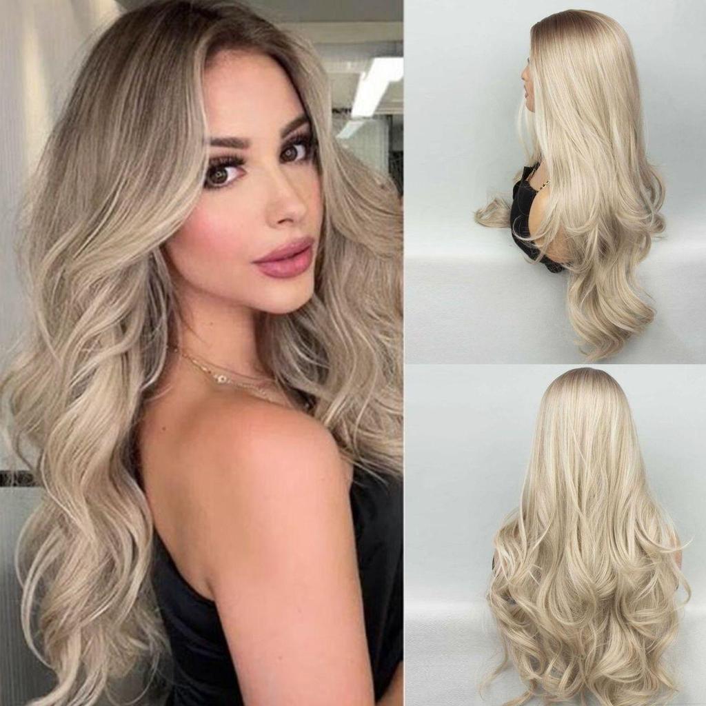 Módní a elegantní dlouhé kudrnaté vlasy ve francouzském stylu pro ženy bez ofiny, dělená paruka, zlatý přechod, středně dlouhý až dlouhý styl, denní paruka