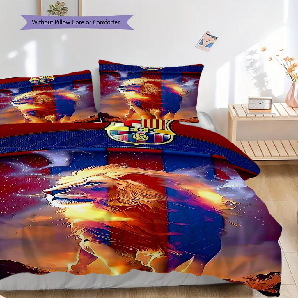 סט מצעים שמיכה עם הדפס FC Barcelona כיסוי שמיכה ציפית לציפית קישוט לבית מתנת יום הולדת (1 * כיסוי שמיכה + 2 * ציפות, ללא ליבה)