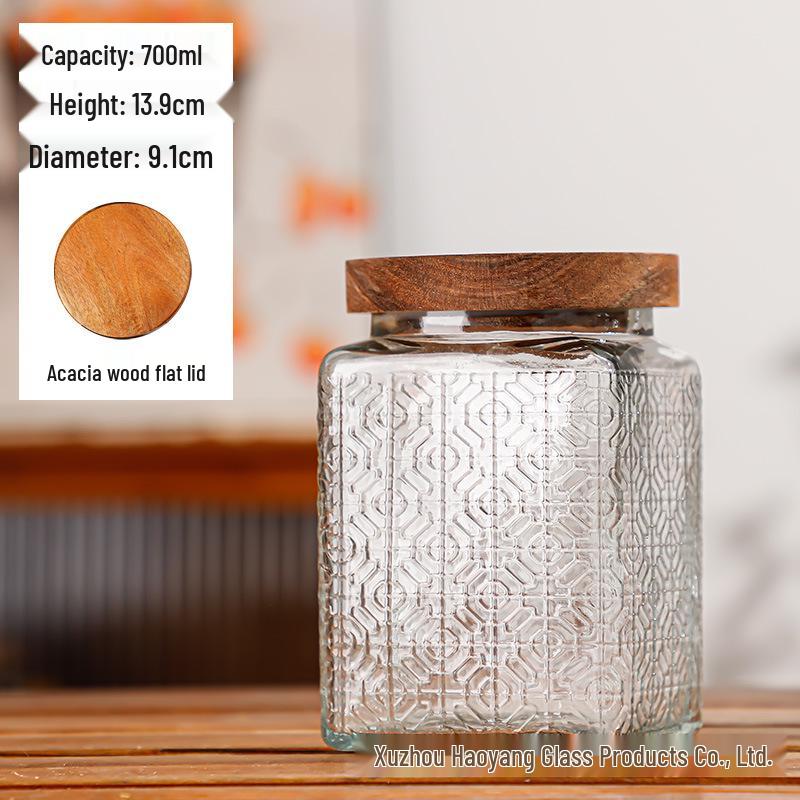 Square Embossed Glass Jar for Snacks & Dried Fruit, Retro Kitchen Storage Container