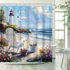 Serene Beach Scene Shower Curtain - Adirondack Chair, Lighthouse, Seagulls & Flowers, Polyester, 12 Hooks, Coastal Theme