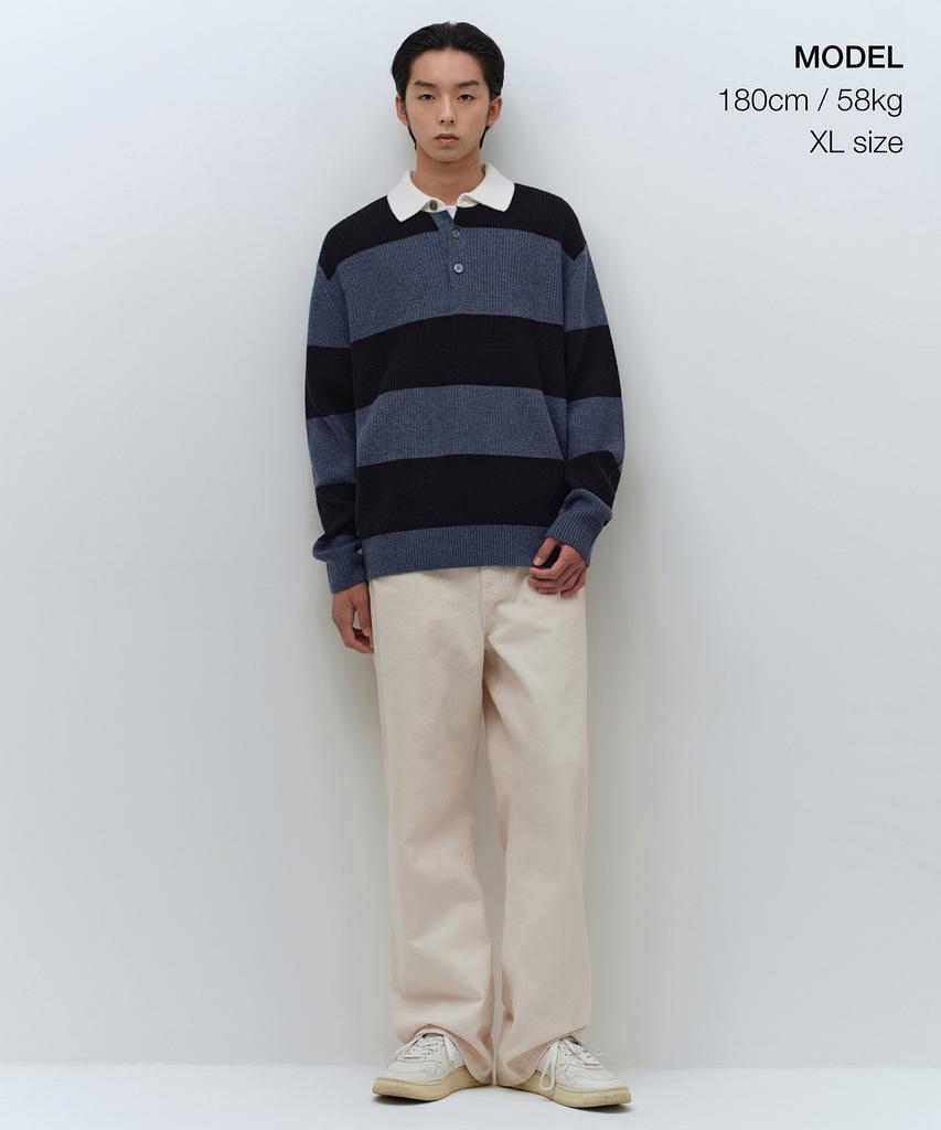 MUSINSA STANDARD Ribbed Stripe Rugby Knit [Navy/Sky Blue]