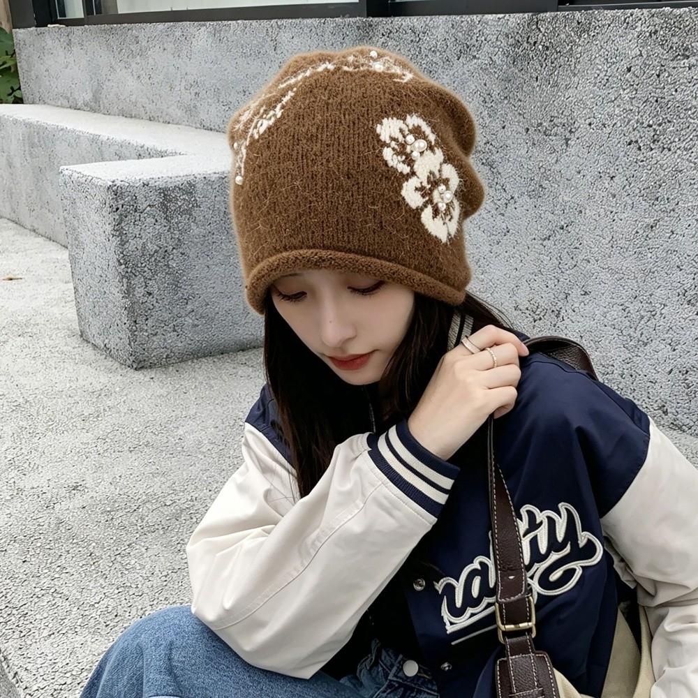 Ear Protection Jacquard Knit Hat Stretchy Flower Pattern Knitted Pile Cap  Casual