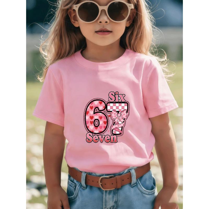 European Sizes Pink Heart-Patterned Number 67 T-Shirt for Girls and Boys - Comfortable Casual Round-neck Design