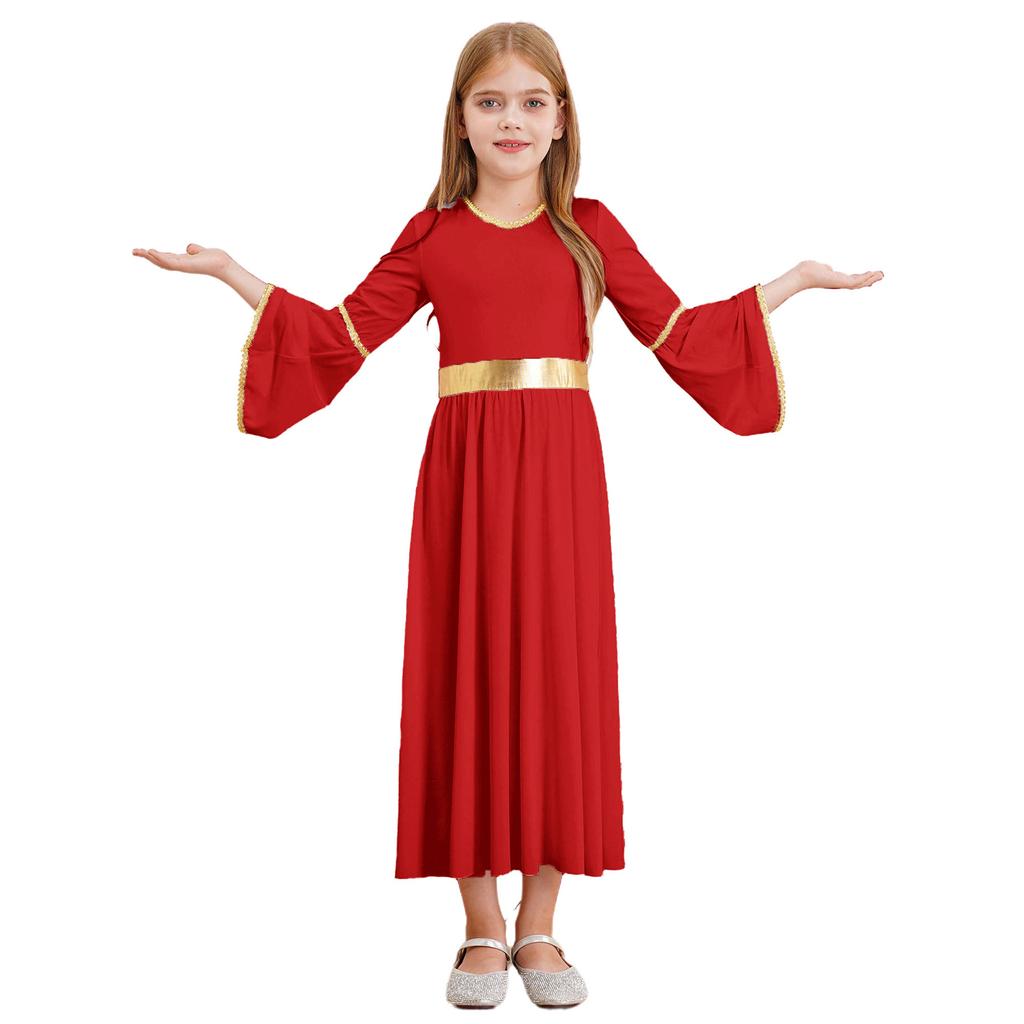 Flickor Ängel Cosplay Kostym Ängelklänning Långärmad Guldtrim Patchwork Balklänning Klänning Cosplay Fest Scenföreställning