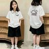 Girls' Trendy Polo T-Shirt Set - Short-Sleeve Lapel Shirt and Casual Summer Two-Piece for Medium and Large Children.