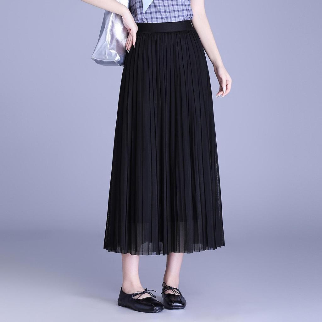 Solid Color High-Waisted Mesh Midi Skirt with Elastic Waist and Lurex Drape