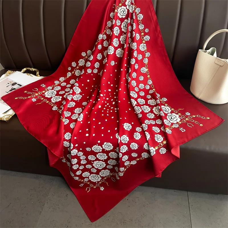 90*90cm Hair Scarf Women Shawls Fashion Beach Silk Scarves Luxury Kerchief Popular Print Square Bandannas Foulard Headscarf