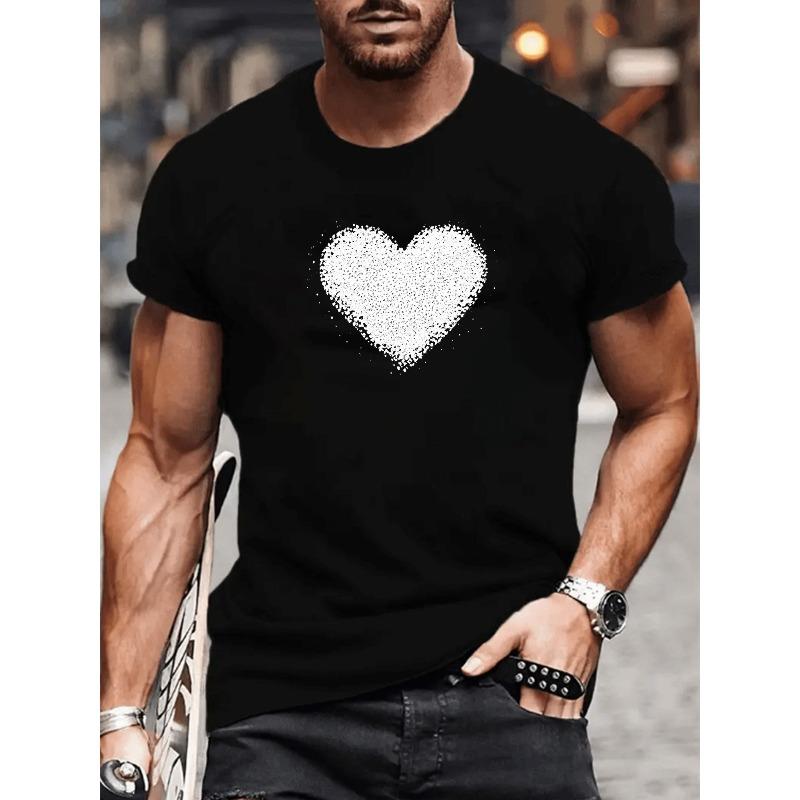 European sizes Black Grainy Heart Pattern Print | Easy and Creative, Lightweight and Comfortable Round-Neck Short-Sleeved Top for Men