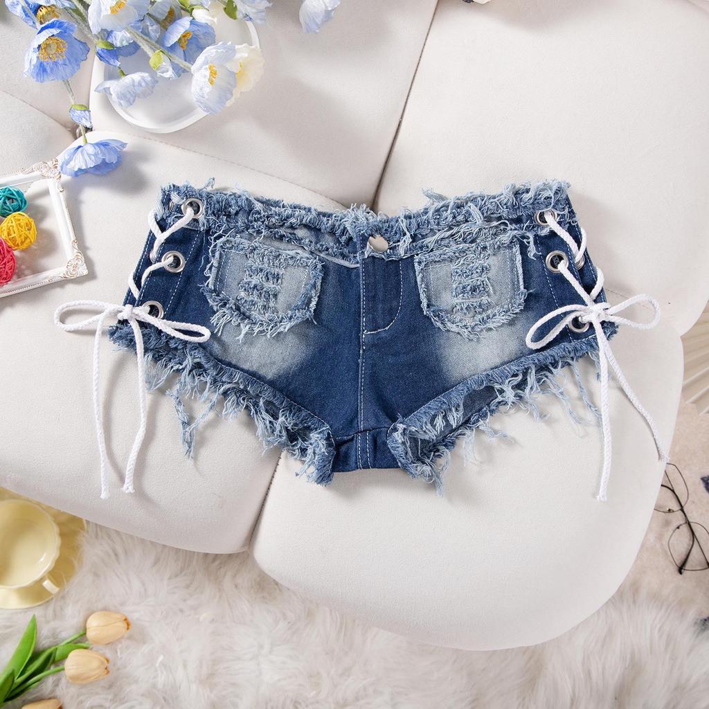 European & American Sexy Low-Waist Distressed Lace-Up Hot Pants for Women - Spring/Summer