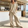Two Piece Outfits for Women Button Down V Neck Short Sleeve Top And Drawstring Long Pants Summer Lounge Sets