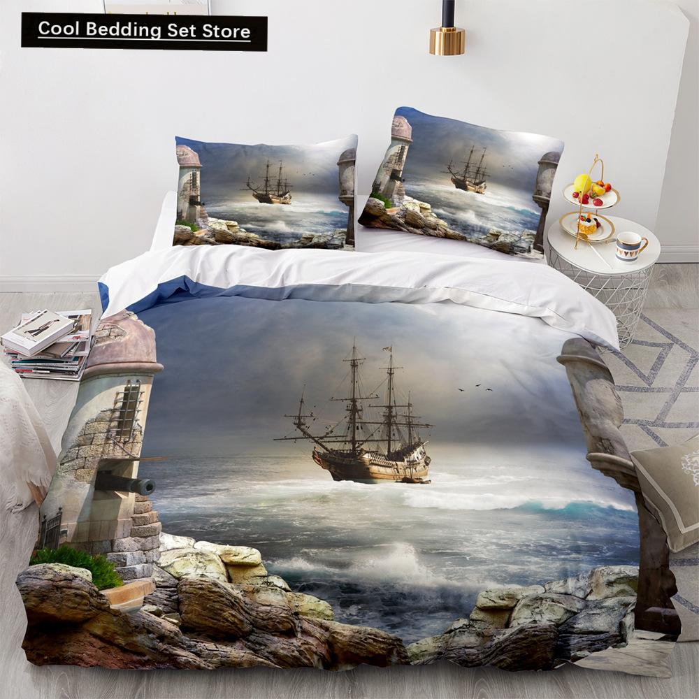 Housse de couette Vintage Voilier Roi Reine Ensemble de literie Nautique Océan pour Adolescents Adultes Navire Feu Noir 2/3 pièces Housse de couette en Polyester