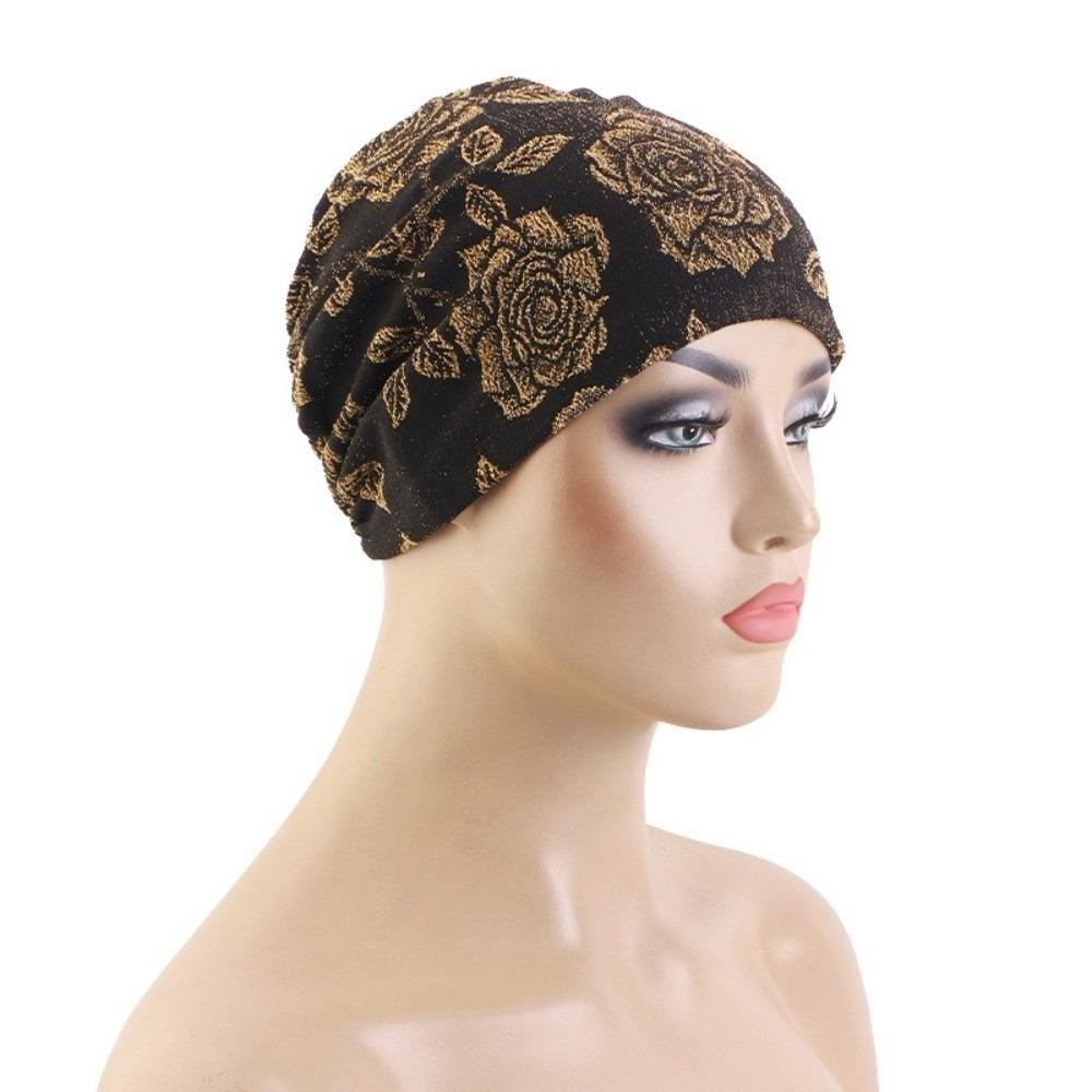 Stretch Fabric Sleep Beanie Cap Glitter Floral Print Hair Care Cap Hijab Inner Undercap  Sleep Use