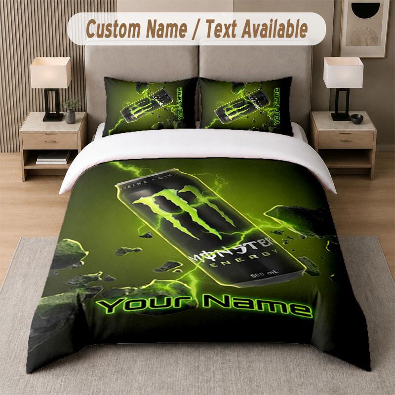 Custom Bedding Set Monster Energy Pattern, Print Name Text 1 Duvet Cover Plus 2 Pillowcases Home Textile