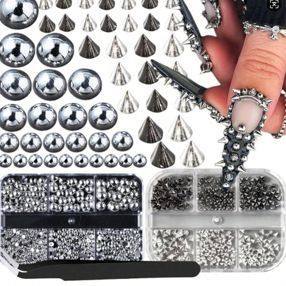 Black And Silver Tone Metal Nail Charms Rivet Nail Decorations  Punk Style Nail Art