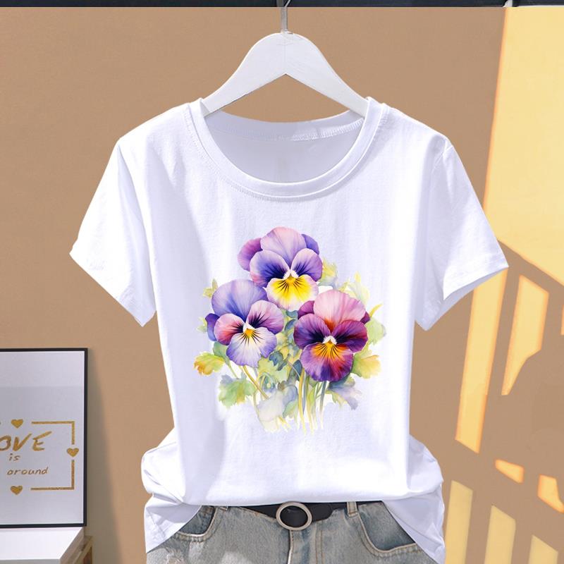 (Asian Size) Graphic Tee T Clothing Casual Fashion Trend Flower Cute 90s Print Female Casual Women's Top Lady Short Sleeve T-shirt