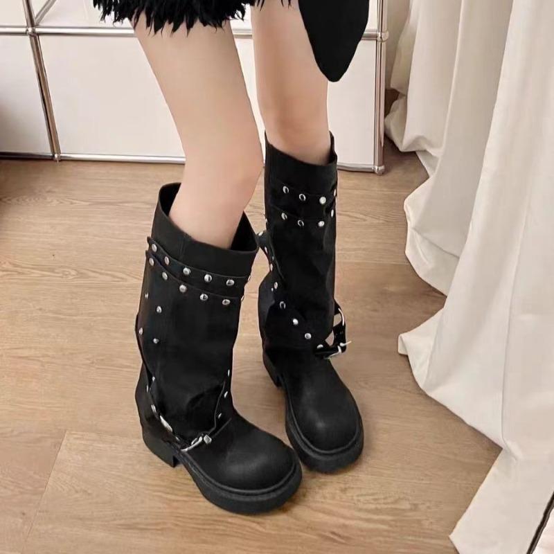 Mode Damenstiefel Plateau Hosenbeine Hohe Stiefel Trend Punk Gothic Schuhe New Rock Leder Mode Damenschuhe Motorradschuhe
