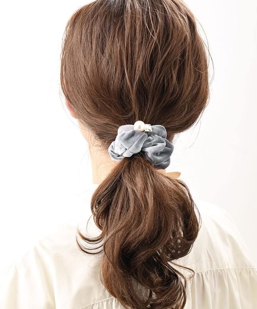 VINGTAINE Velvet with Stone and Pearl Simple and Elegant Hair Perfect for Adult Casual Scrunchie, Design, Accessory, Wear, Gift, HS-177-GY