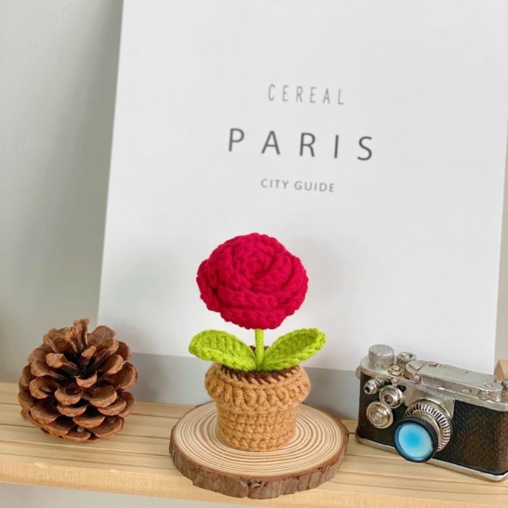 Mini Knitting Flowers Potted Rose Sunflower Knitted Eternal Flower Desktop Ornament Office Decor