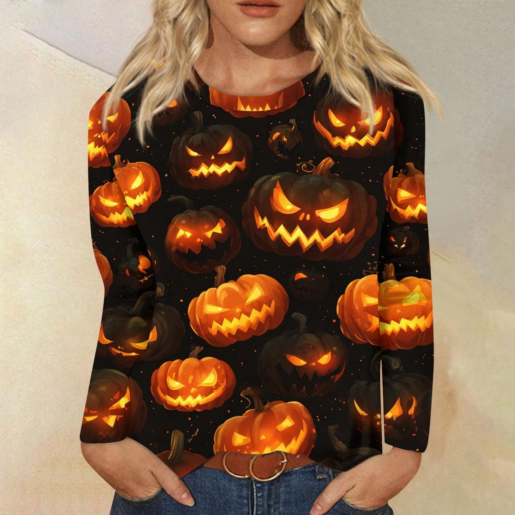 Women's Fashion Casual Long Sleeve Halloween Print Round Neck Top
