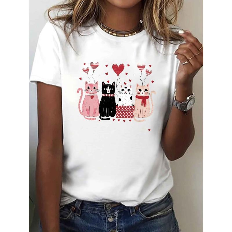 Europese Maat Dames Valentijnsdag Kattenprint T-shirt | Casual Ronde Hals Korte Mouw Top
