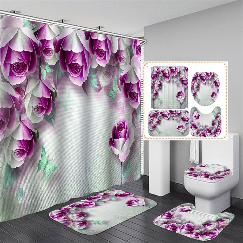 Flower Rose Shower Curtains Waterproof Polyester Bathroom Curtain with Hooks Bathtub Curtain Soft Floor Rugs Non-slip Bath Mat Bathroom Decor 4pcs