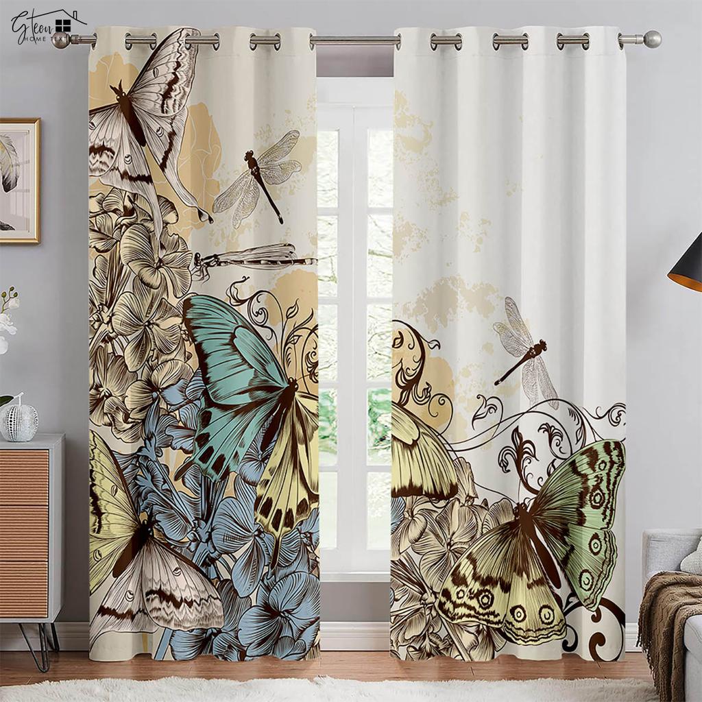 Retro Pastoral Kelebek Çiçek 3D Baskı Perdeler Güzel Ve Ferah Yatak Odası Oturma Odası Çalışma Odası Polyester Elyaf Perdeler 2 ADET