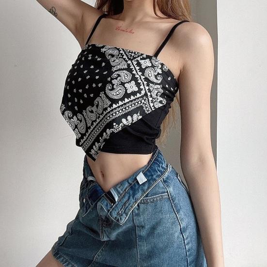 Summer Sling Vesta Čtvercový límec Bez rukávů Retro potisk Košilka Slim Fit Tílko Dámské tričko Streetwear