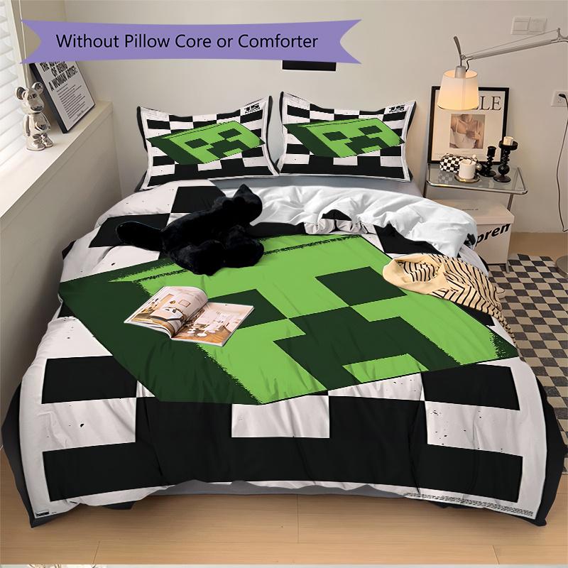 3pcs Minecraft Creeper Face Checkered Home Decor Bedding Set-Universal Three-Piece Suit for Bedroom, Guest Room, Living Room, Hotel-Perfect