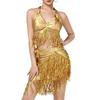 Belly Dance Costume Latin Dance Outfits Sequins Tassels Skirt and Halter Bra Top