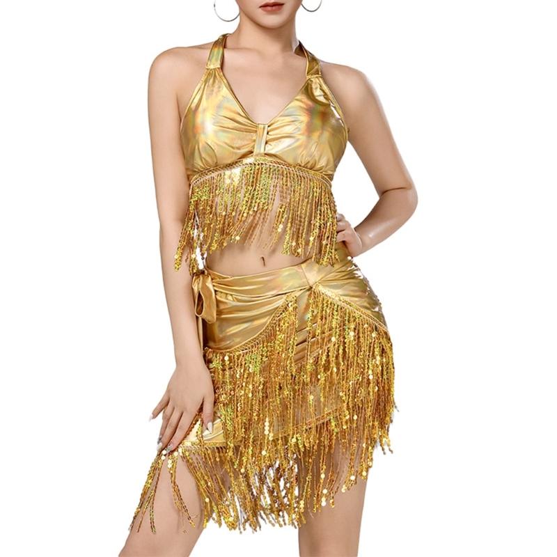 Belly Dance Costume Latin Dance Outfits Sequins Tassels Skirt and Halter Bra Top