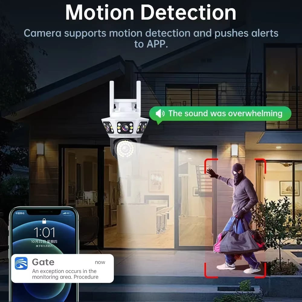 מצלמת מעקב וידאו WiFi חיצונית 6K 12MP ארבע עדשות שלוש מסכים זיהוי גוף אדם AI מצלמת IP קול דו-כיווני CCTV
