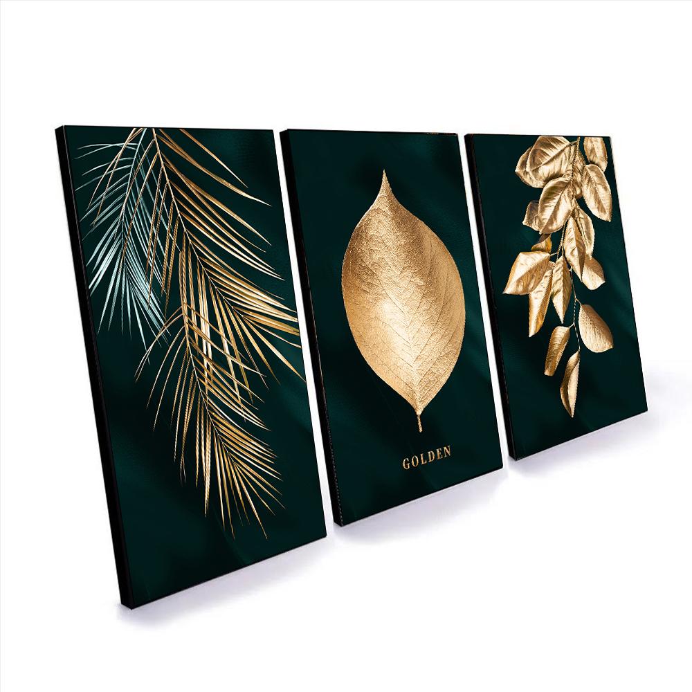 3 Pieces Gold Leaves Fashion Wall Canvas Painting Flower Classic Plant Design Gold Pop Posters and Prints for Living Room Bedroom Home Pictures Decor