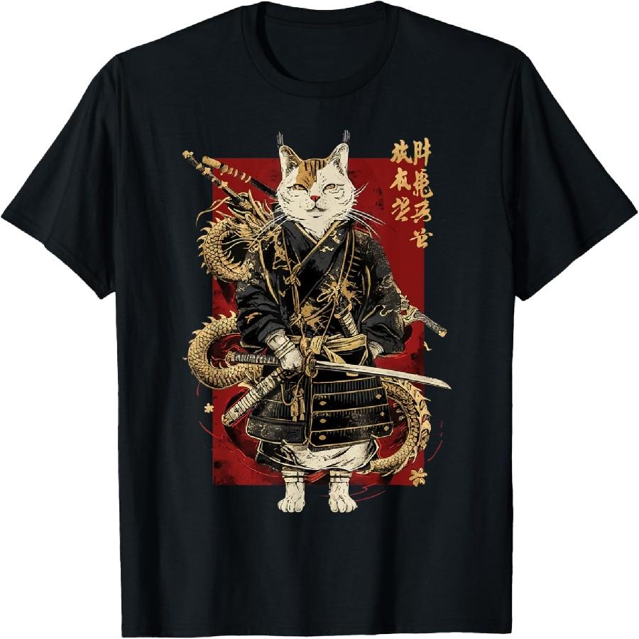 Samurai Cat with Dragon Japanese Kanji, Japan art lover T-Shirt for Men Women Girls Kids
